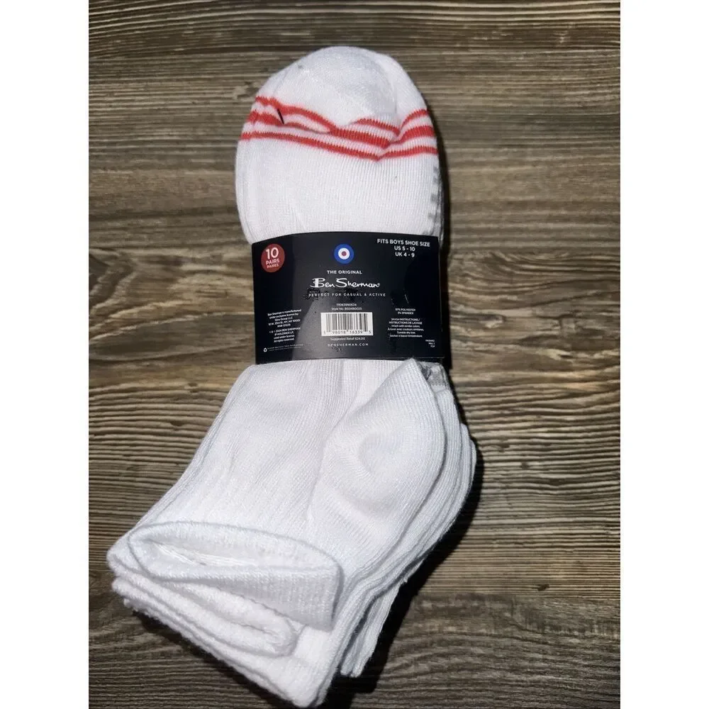 Ben Sherman Quarter Cut Socks 10-Pair White Light Weight Feel Stay Dry Yard